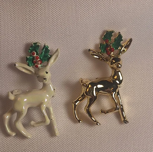 2 Gerrys Vintage Christmas Reindeer Pair Pin Brooch Iridescent Enamel & Goldtone - Picture 6 of 6